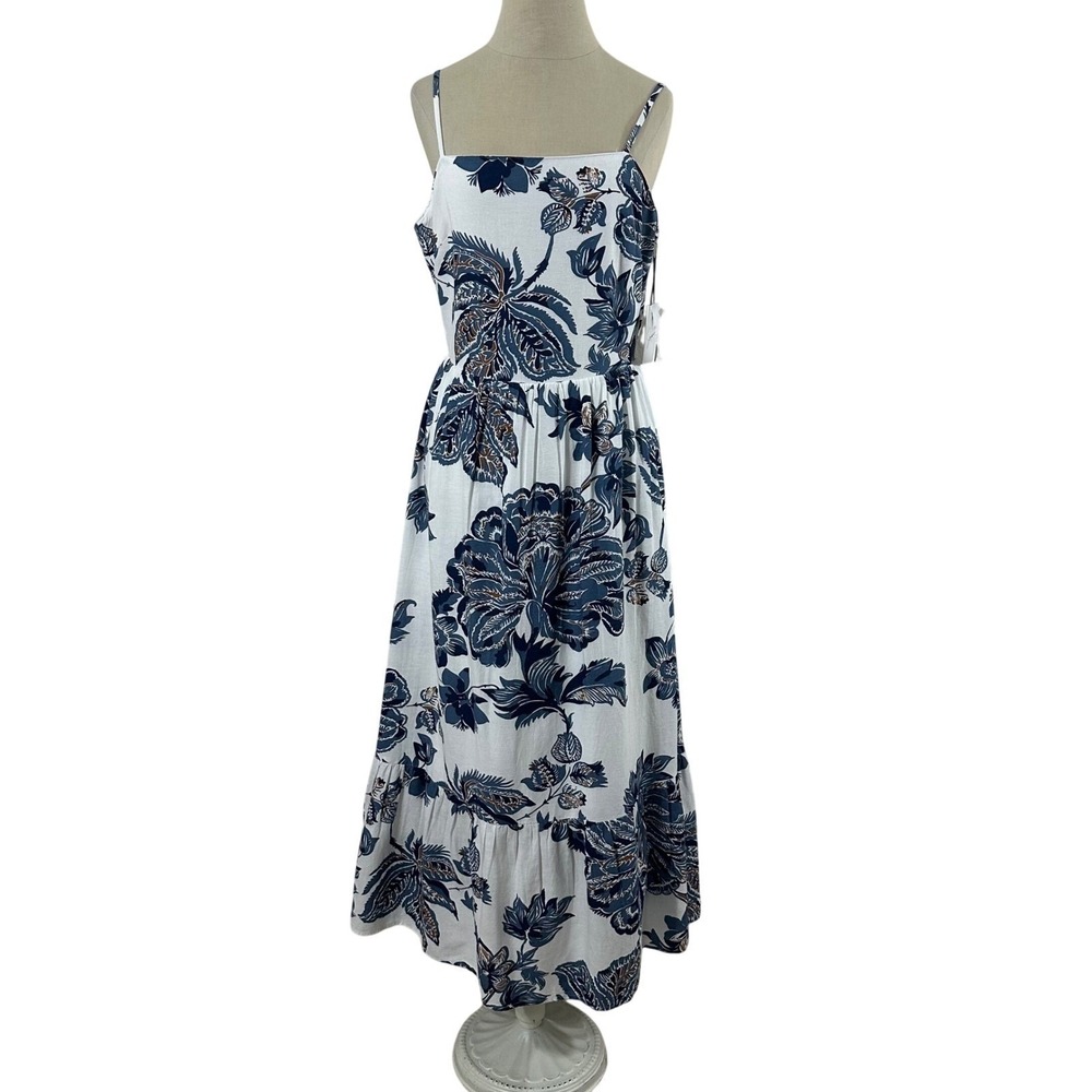 Japna Womens‎ Blue Floral Linen Blend Tiered Midi Dress Tie Back New Size M
